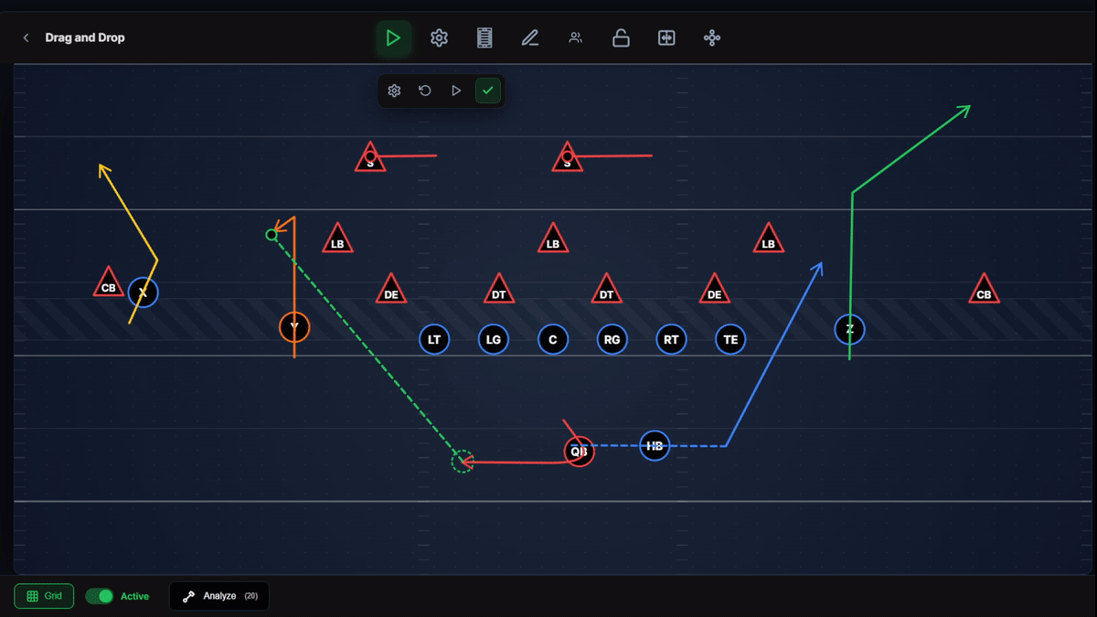 Mid-animation — players partway through their routes with the play controls visible.